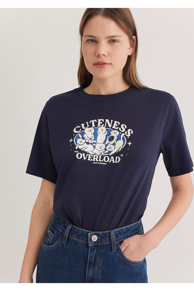 MAVİ KADIN KEDİ BASKILI GRAFİK TİŞÖRT Koyu Lacivert 1612944-84371