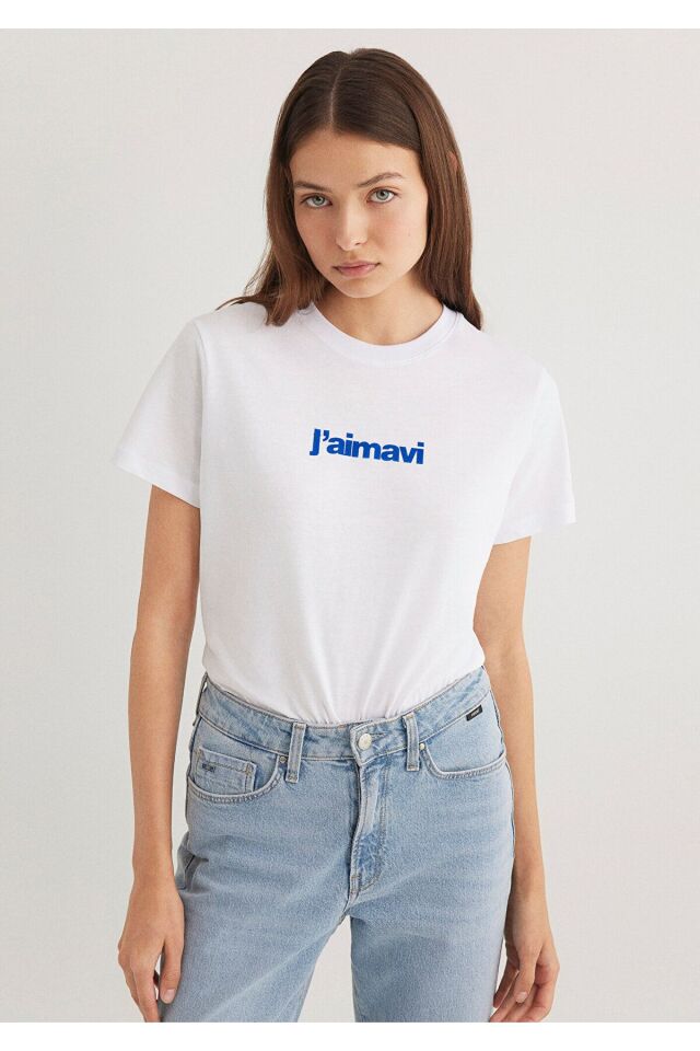 MAVİ KADIN BISIKLET YAKA LOGO TIŞORT BEYAZ 1612242-620