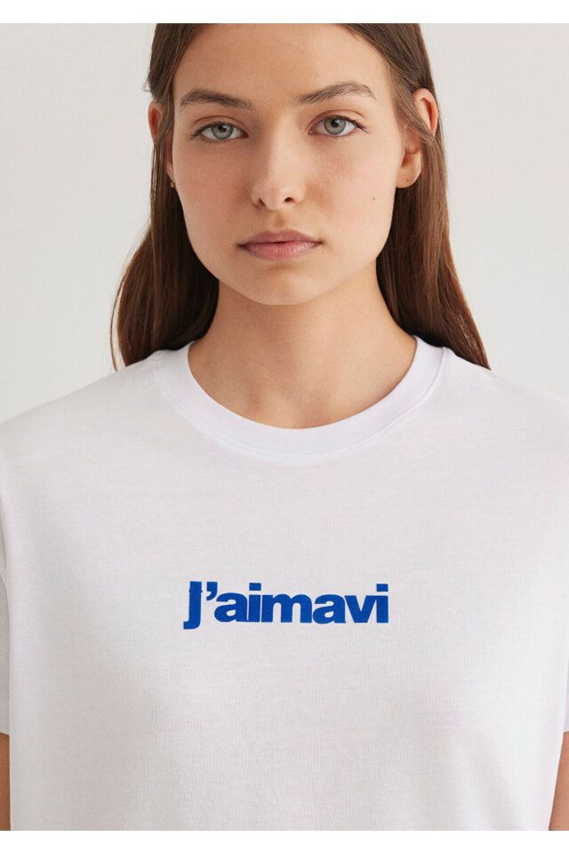 MAVİ KADIN BISIKLET YAKA LOGO TIŞORT BEYAZ 1612242-620