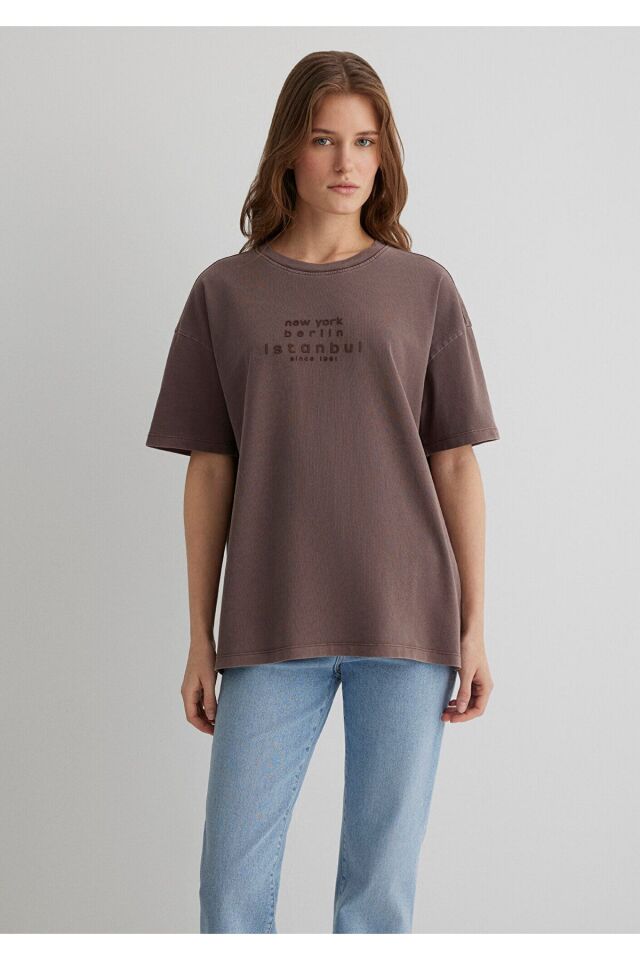 MAVİ KADIN GRAFİK BASKILI MODELLİ TİŞÖRT Deep Taupe 1613141-70383