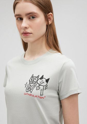 MAVİ KADIN KEDİ BASKILI GRAFIK TIŞORT Sis Yeşil 1612203-70148