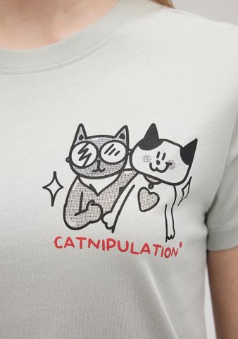 MAVİ KADIN KEDİ BASKILI GRAFIK TIŞORT Sis Yeşil 1612203-70148