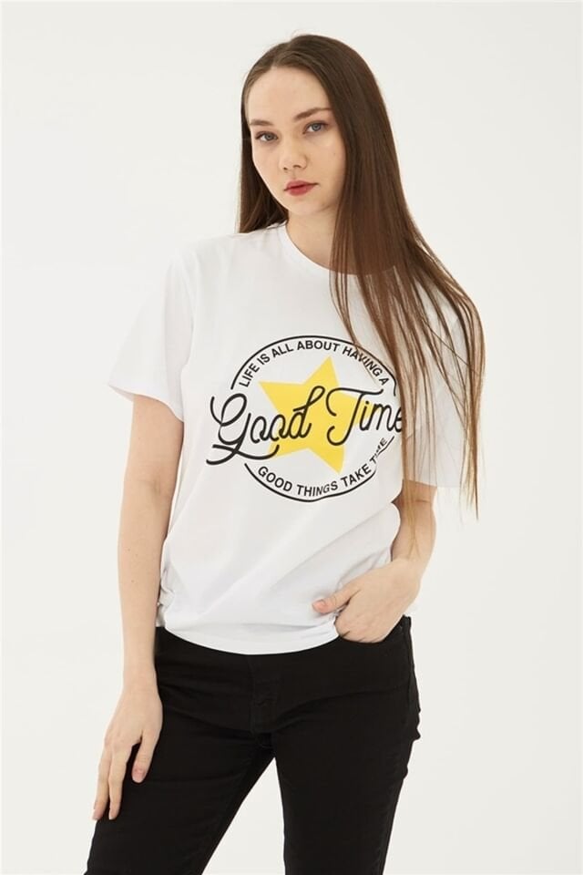 FASHION FRIENDS KADIN BASKILI T-SHİRT 23Y-TST0149K1 BEYAZ - XS