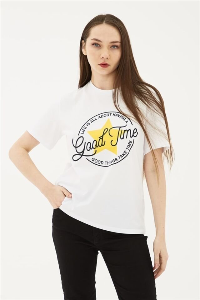 FASHION FRIENDS KADIN BASKILI T-SHİRT 23Y-TST0149K1 BEYAZ - XS