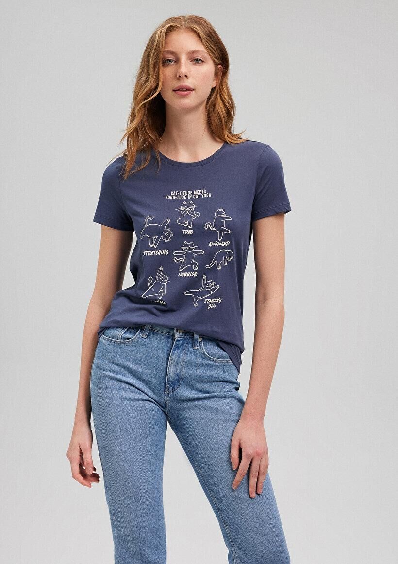 MAVİ KADIN KEDİ BASKILI GRAFIK TIŞORT İndigo Mavi 1612205-70487