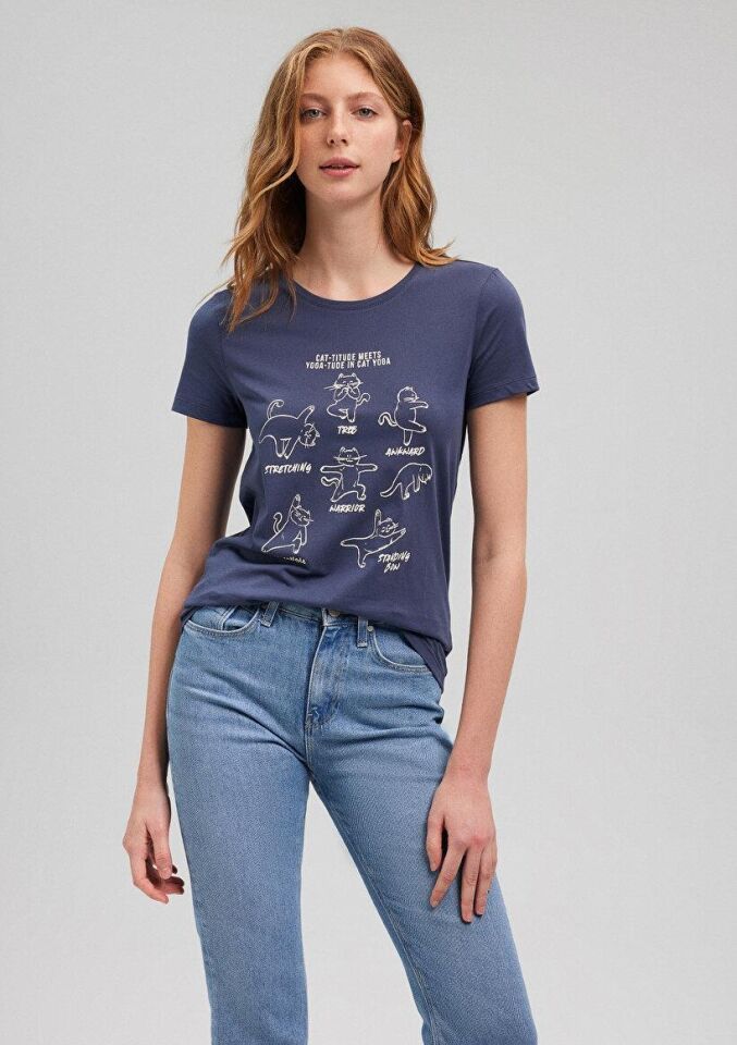 MAVİ KADIN KEDİ BASKILI GRAFIK TIŞORT İndigo Mavi 1612205-70487