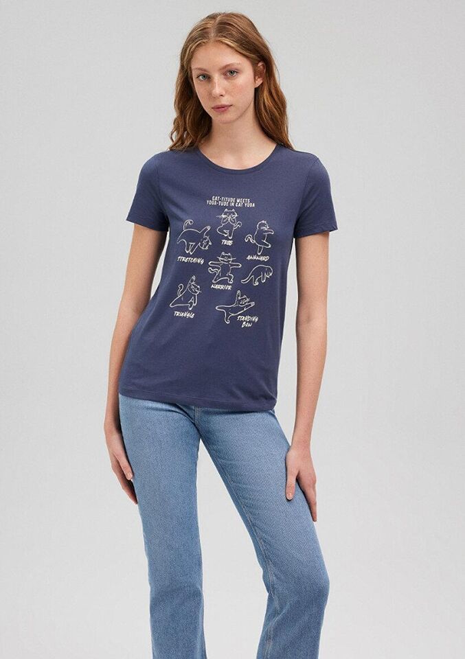 MAVİ KADIN KEDİ BASKILI GRAFIK TIŞORT İndigo Mavi 1612205-70487