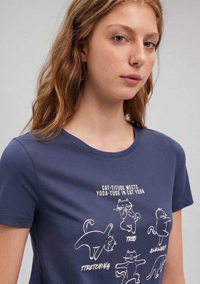 MAVİ KADIN KEDİ BASKILI GRAFIK TIŞORT İndigo Mavi 1612205-70487