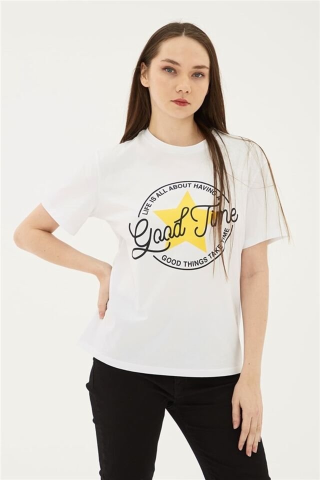 FASHION FRIENDS KADIN BASKILI T-SHİRT 23Y-TST0149K1 BEYAZ - XL