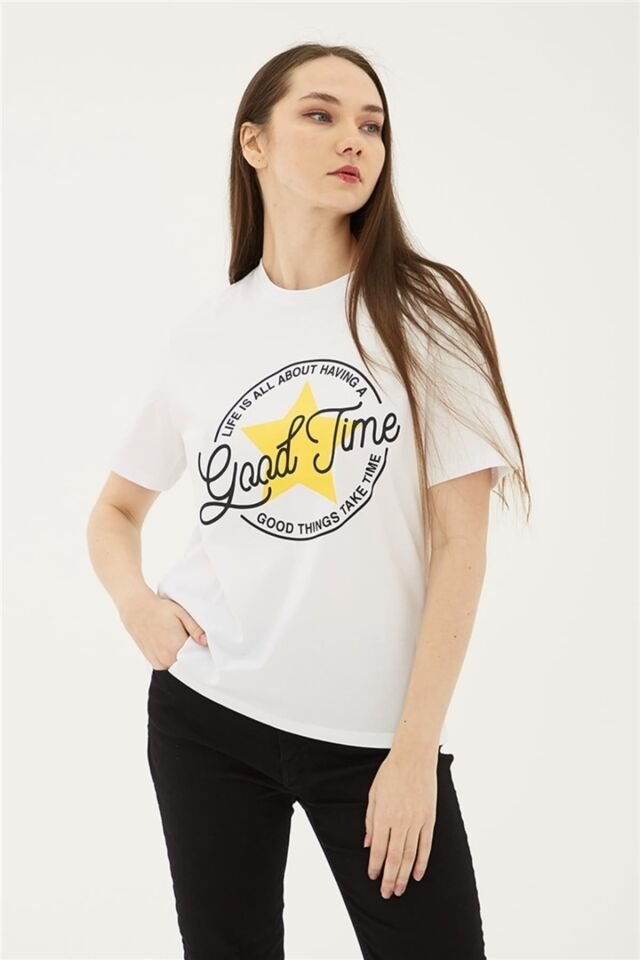 FASHION FRIENDS KADIN BASKILI T-SHİRT 23Y-TST0149K1 BEYAZ - XL
