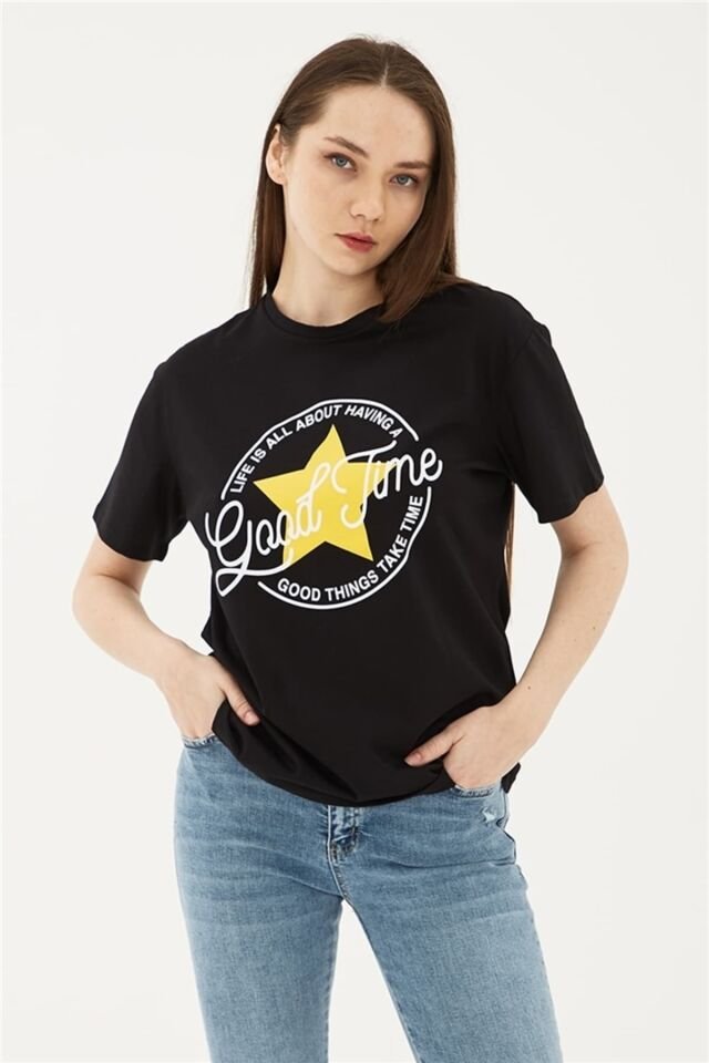 FASHION FRIENDS KADIN BASKILI T-SHİRT 23Y-TST0149K1 SİYAH - XS