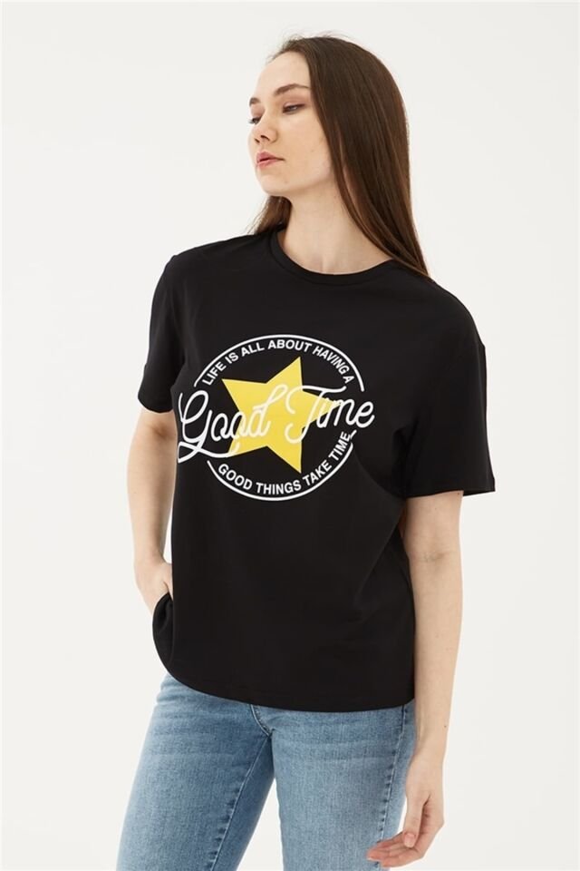 FASHION FRIENDS KADIN BASKILI T-SHİRT 23Y-TST0149K1 SİYAH - L