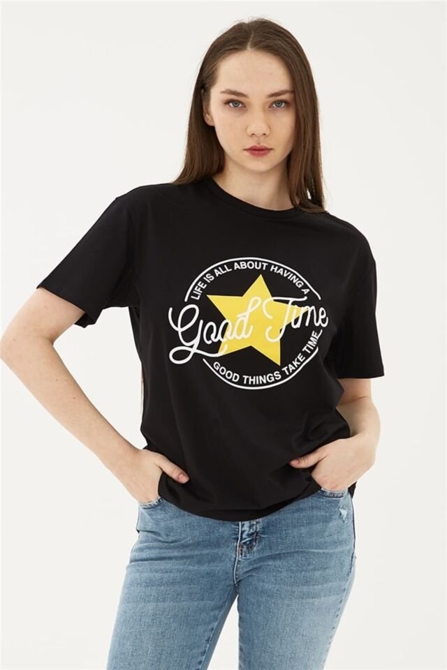 FASHION FRIENDS KADIN BASKILI T-SHİRT 23Y-TST0149K1 SİYAH - L