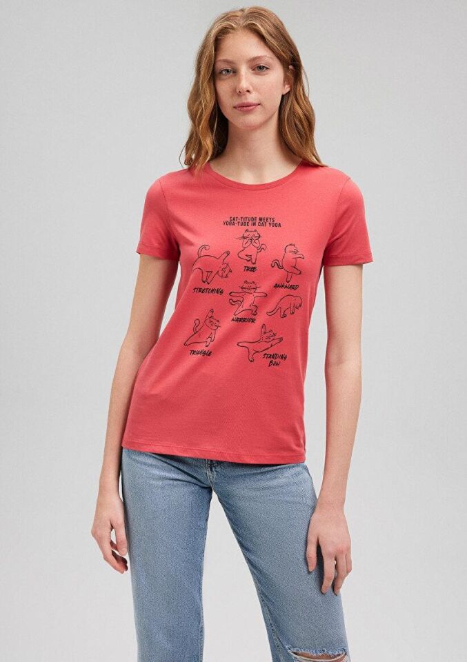 MAVİ KADIN KEDİ BASKILI GRAFIK TIŞORT Canlı Kırmızı 1612205-70985