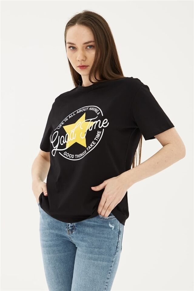 FASHION FRIENDS KADIN BASKILI T-SHİRT 23Y-TST0149K1 SİYAH - S