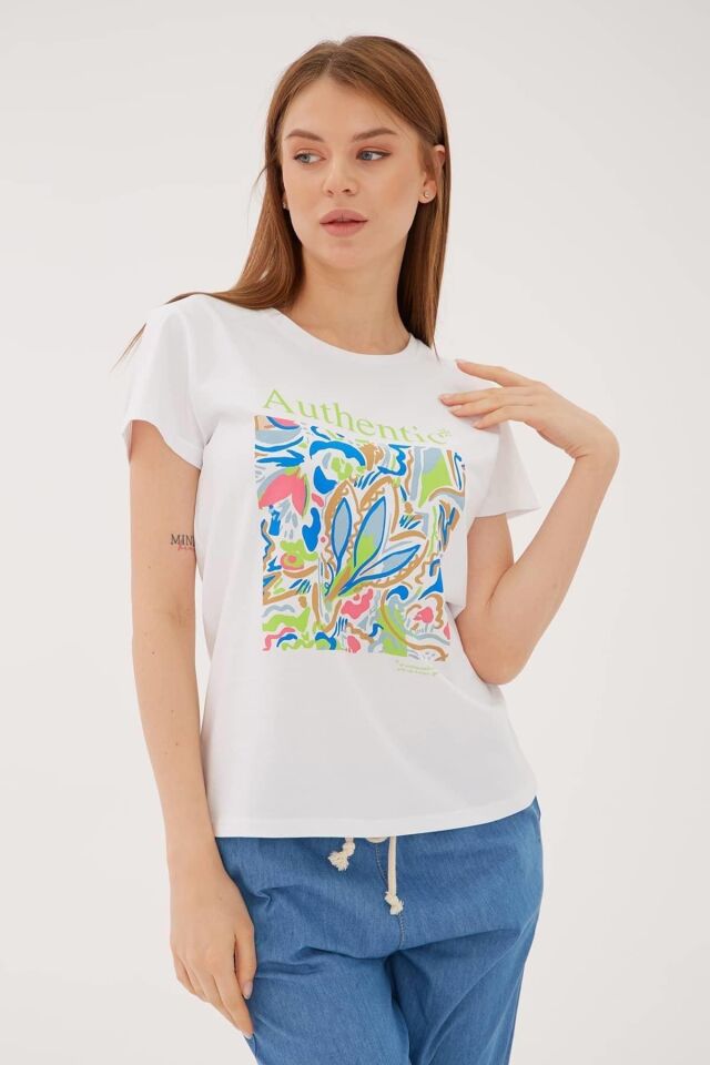 FASHION FRIENDS KADIN BASKILI T-SHİRT 23Y-TST0271K1 BEYAZ - XL
