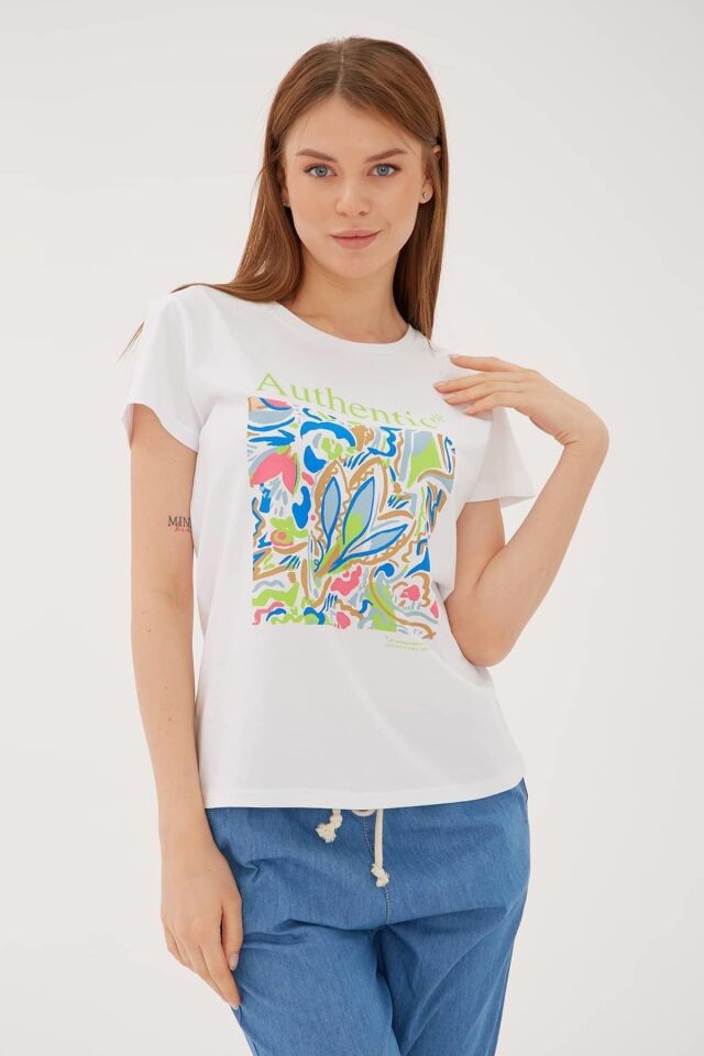 FASHION FRIENDS KADIN BASKILI T-SHİRT 23Y-TST0271K1 BEYAZ - XL