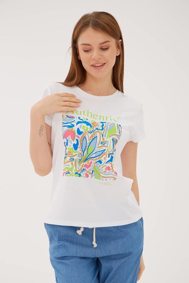 FASHION FRIENDS KADIN BASKILI T-SHİRT 23Y-TST0271K1 BEYAZ - M