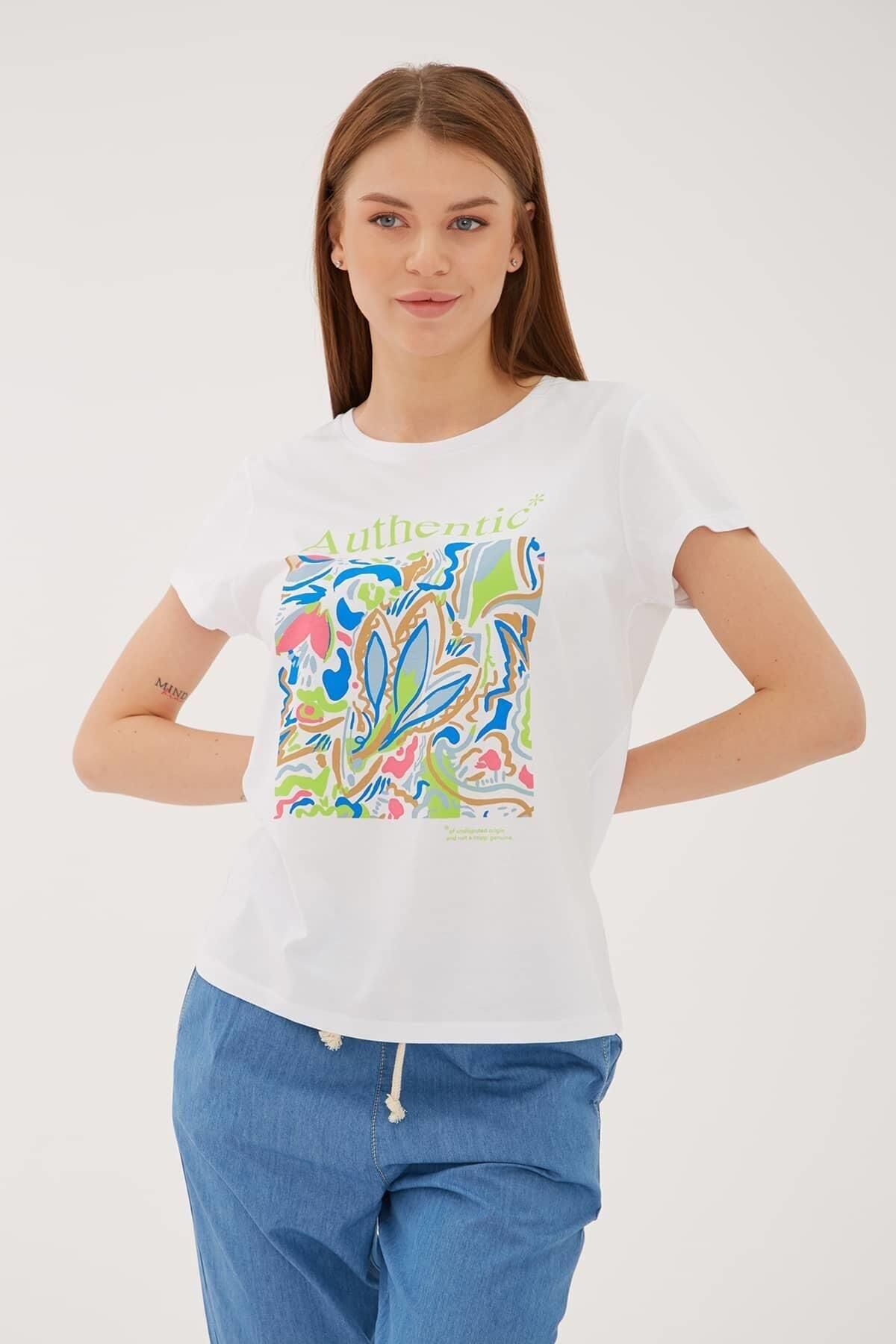 FASHION FRIENDS KADIN BASKILI T-SHİRT 23Y-TST0271K1 BEYAZ - S