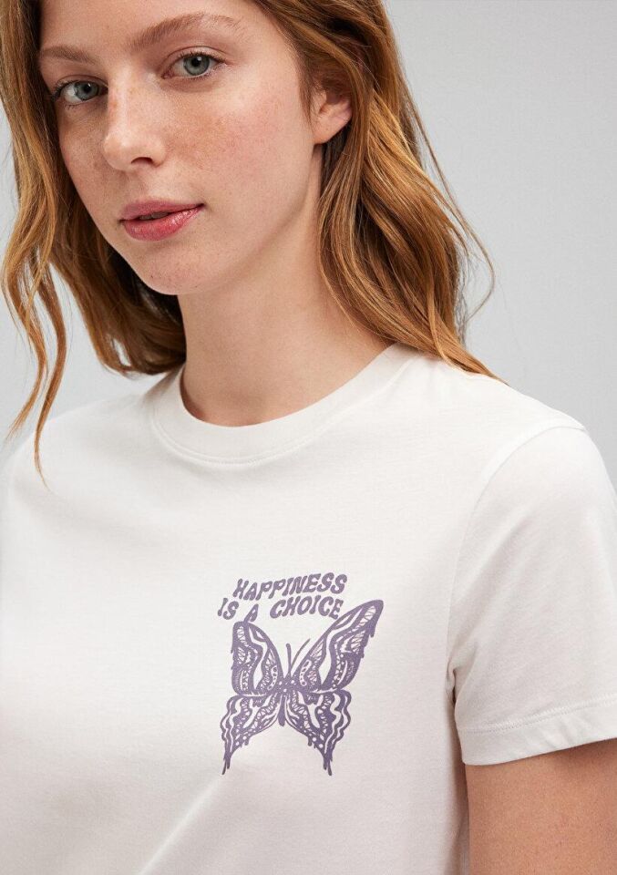 MAVİ KADIN KELEBEK BASKILI GRAFIK TIŞORT Kırık Beya 1612210-70057