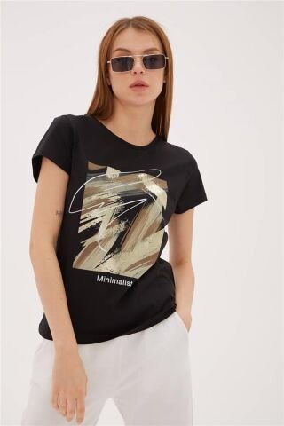 FASHION FRIENDS KADIN BASKILI T-SHİRT 23Y-TST0274K1 SİYAH - L