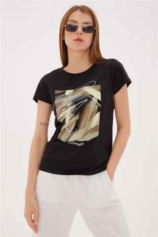 FASHION FRIENDS KADIN BASKILI T-SHİRT 23Y-TST0274K1 SİYAH - L