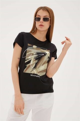 FASHION FRIENDS KADIN BASKILI T-SHİRT 23Y-TST0274K1 SİYAH - M