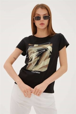 FASHION FRIENDS KADIN BASKILI T-SHİRT 23Y-TST0274K1 SİYAH - M