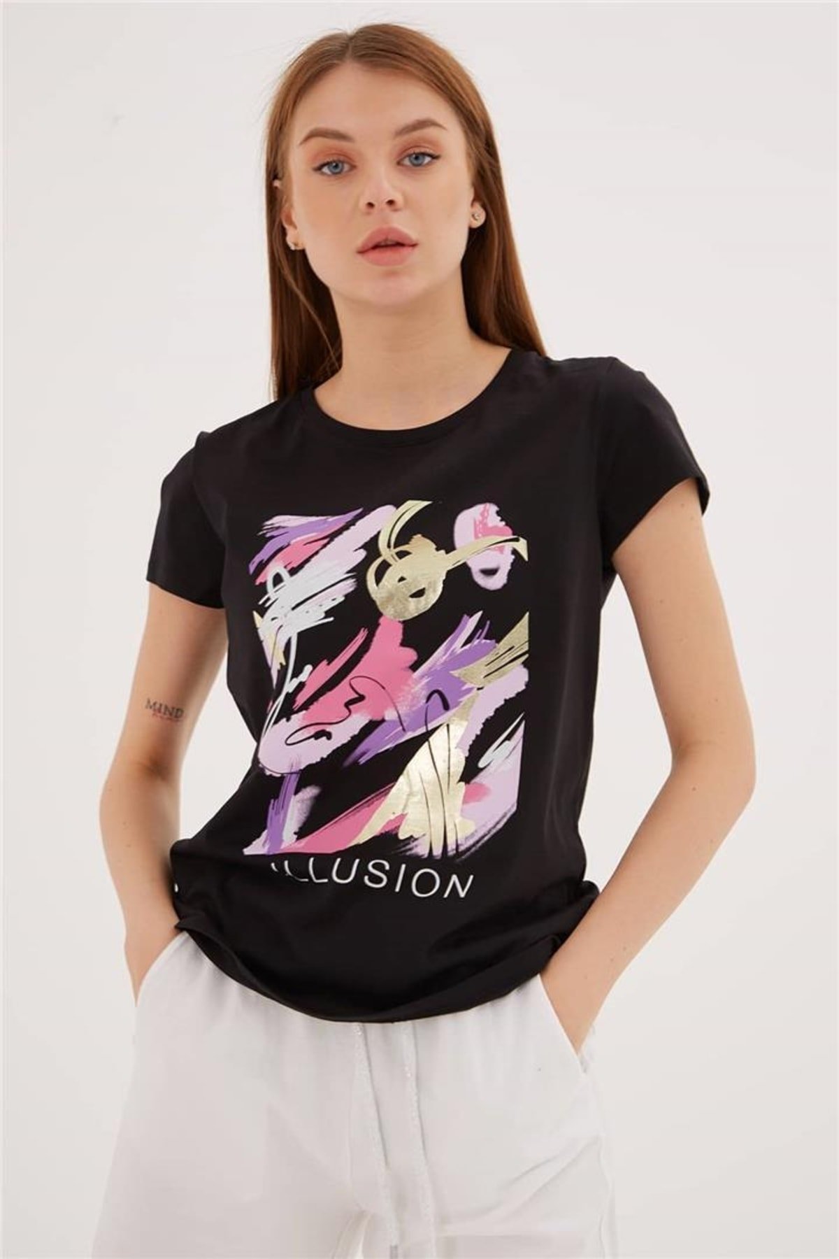 FASHION FRIENDS KADIN BASKILI T-SHİRT 23Y-TST0275K1 SİYAH - S