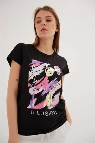 FASHION FRIENDS KADIN BASKILI T-SHİRT 23Y-TST0275K1 SİYAH - S