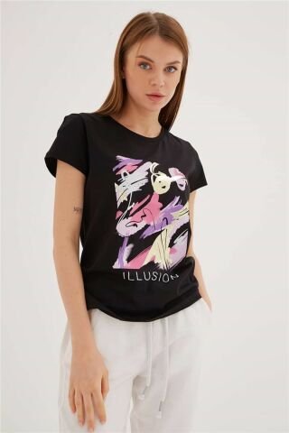FASHION FRIENDS KADIN BASKILI T-SHİRT 23Y-TST0275K1 SİYAH - S