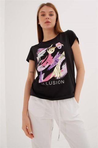 FASHION FRIENDS KADIN BASKILI T-SHİRT 23Y-TST0275K1 SİYAH - XL