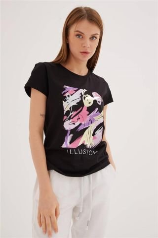 FASHION FRIENDS KADIN BASKILI T-SHİRT 23Y-TST0275K1 SİYAH - XS