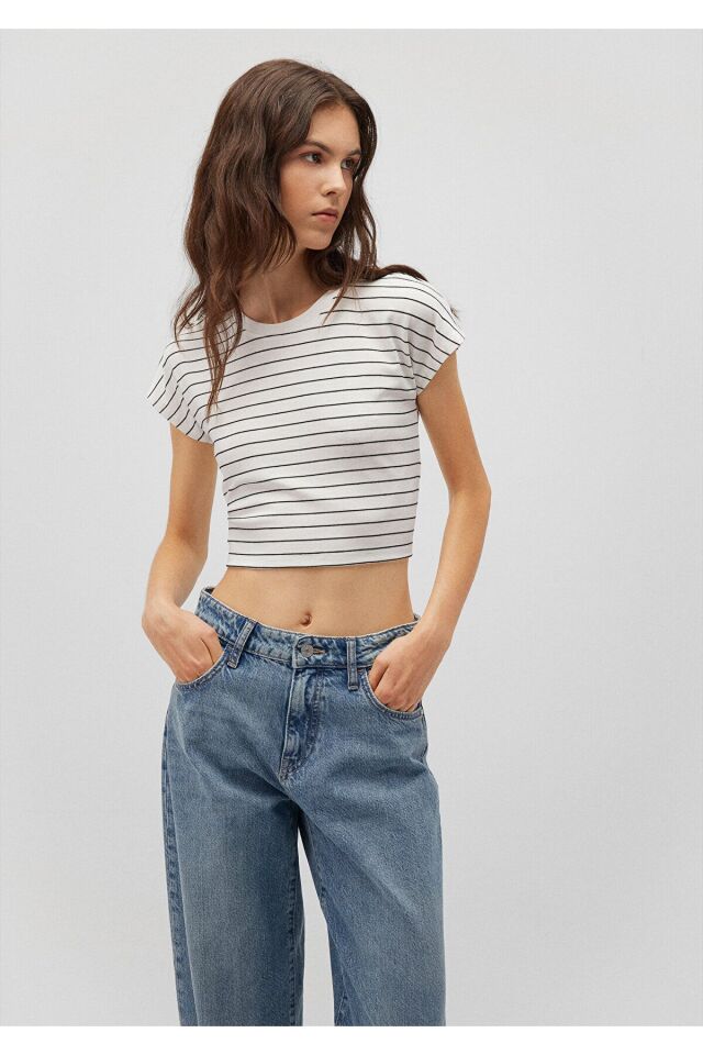 MAVİ KADIN YUVARLAK YAKA ÇİZGİLİ PENYE Kırık Beyaz 168382-28945