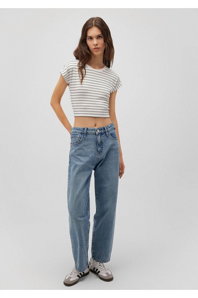 MAVİ KADIN YUVARLAK YAKA ÇİZGİLİ PENYE Kırık Beyaz 168382-28945