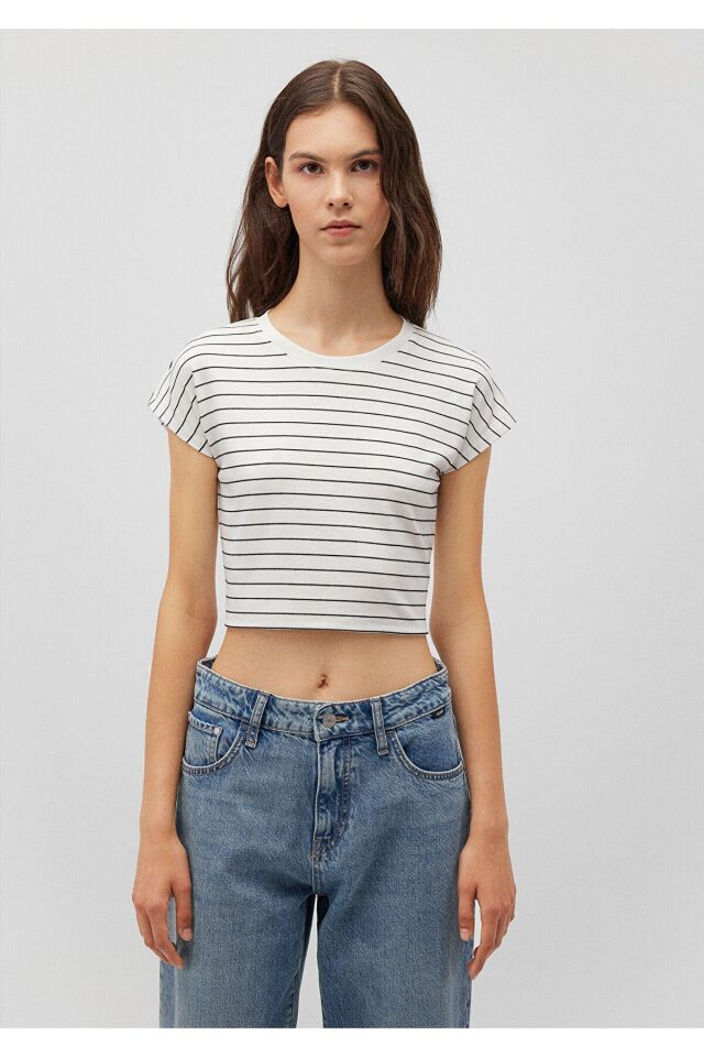 MAVİ KADIN YUVARLAK YAKA ÇİZGİLİ PENYE Kırık Beyaz 168382-28945