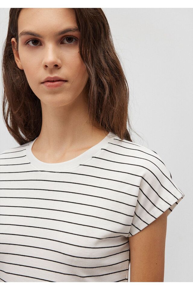 MAVİ KADIN YUVARLAK YAKA ÇİZGİLİ PENYE Kırık Beyaz 168382-28945