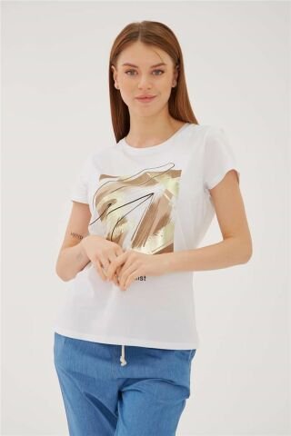 FASHION FRIENDS KADIN BASKILI T-SHİRT 23Y-TST0338K1 BEYAZ - XL