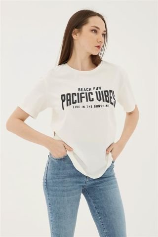 FASHION FRIENDS KADIN BASKILI T-SHİRT 23Y-TST0383K1 EKRU - L