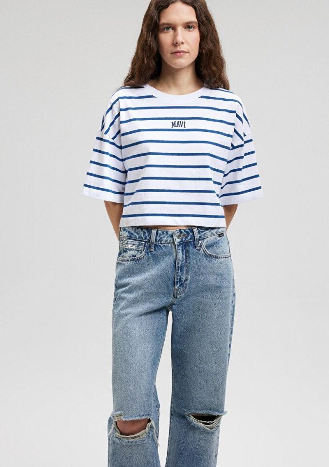 MAVİ KADIN MAVİ BASKILI TİŞÖRT Navy Peony Stripe 1612227-86679