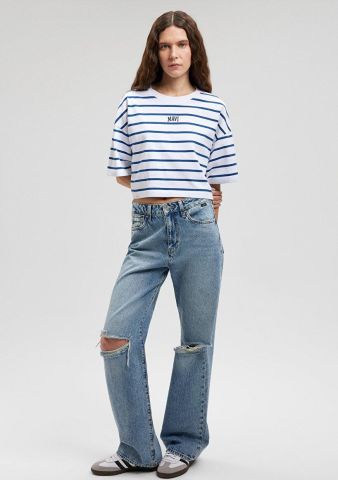 MAVİ KADIN MAVİ BASKILI TİŞÖRT Navy Peony Stripe 1612227-86679