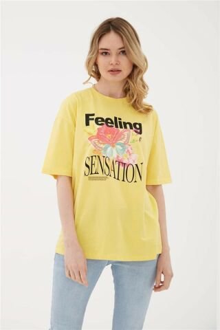 FASHION FRIENDS KADIN BASKILI OVERSİZE T-SHİRT 23Y-TST0387K1 SARI - S