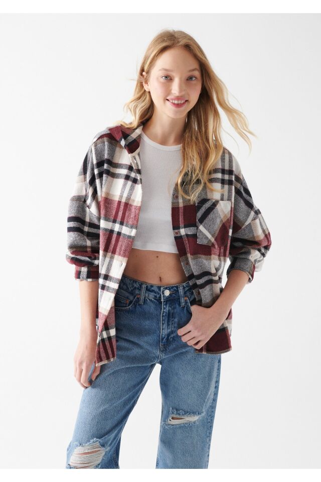 MAVİ KADIN KAPÜŞONLU GÖMLEK Kırmızı Kareli 122354-83151