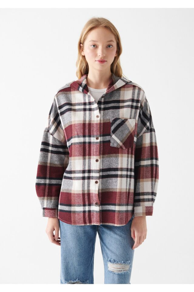 MAVİ KADIN KAPÜŞONLU GÖMLEK Kırmızı Kareli 122354-83151