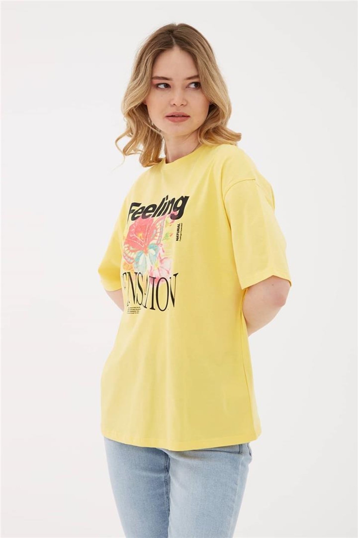 FASHION FRIENDS KADIN BASKILI OVERSİZE T-SHİRT 23Y-TST0387K1 SARI - XL