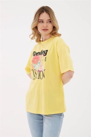 FASHION FRIENDS KADIN BASKILI OVERSİZE T-SHİRT 23Y-TST0387K1 SARI - XL