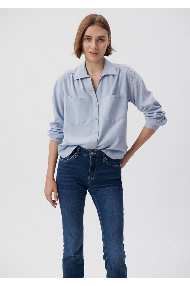 MAVİ KADIN ÇİFT CEPLİ GÖMLEK Pus Mavi 1210032-28313