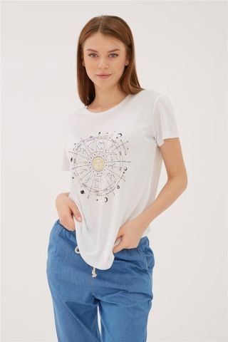 FASHION FRIENDS KADIN BASKILI T-SHİRT 23Y-TST0422K1 BEYAZ - L