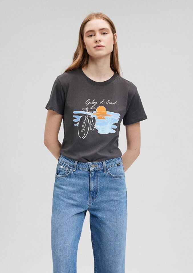 MAVİ KADIN BİSİKLET BASKILI TİŞÖRT Kömür 1612397-70087