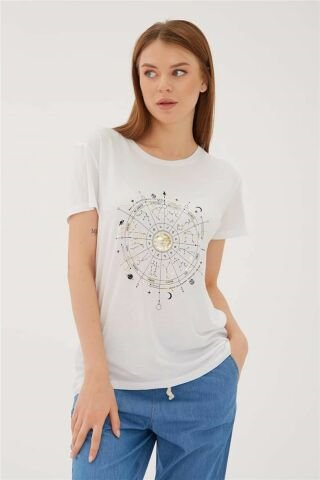 FASHION FRIENDS KADIN BASKILI T-SHİRT 23Y-TST0422K1 BEYAZ - M